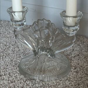 Glass EUC dual candlestick. Floral details and includes 2 unused candles